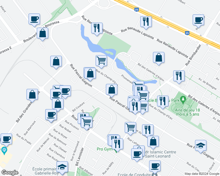 map of restaurants, bars, coffee shops, grocery stores, and more near 6880 Boulevard Couture in Montréal