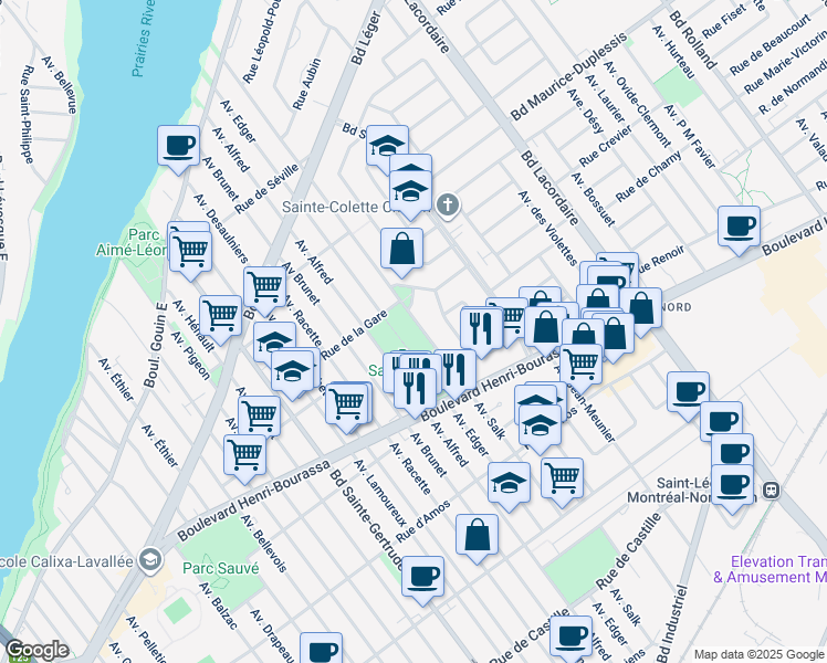 map of restaurants, bars, coffee shops, grocery stores, and more near 11614 Avenue Salk in Montréal
