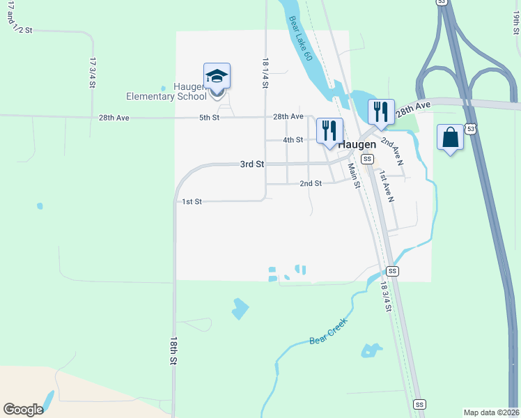 map of restaurants, bars, coffee shops, grocery stores, and more near 500 1st Street in Rice Lake
