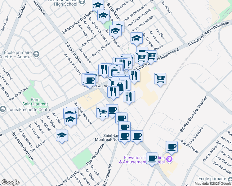 map of restaurants, bars, coffee shops, grocery stores, and more near 6000 Boulevard Henri-Bourassa Est in Montréal