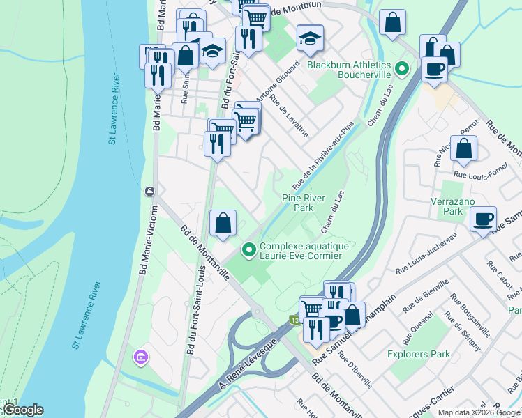 map of restaurants, bars, coffee shops, grocery stores, and more near 163 Rue Jacques-Ménard in Boucherville