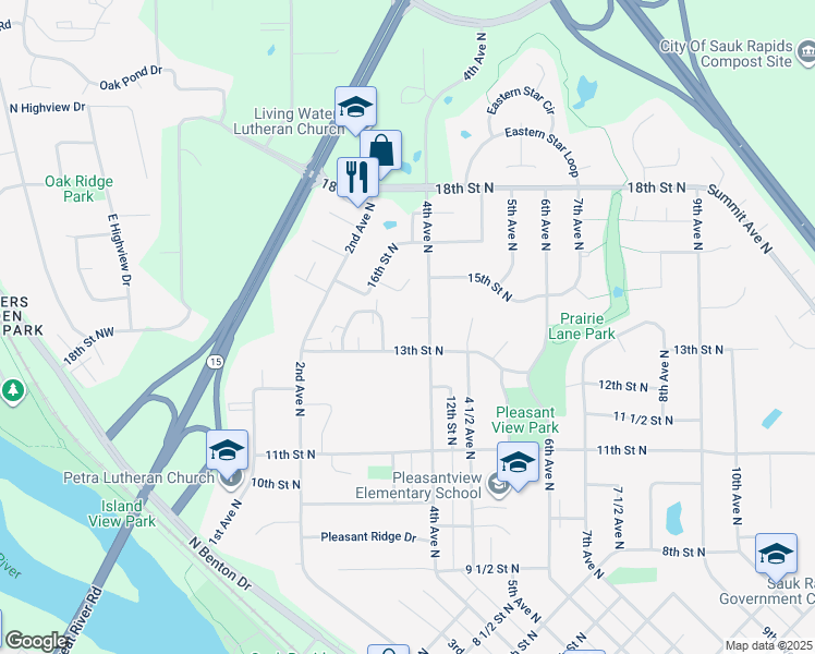 map of restaurants, bars, coffee shops, grocery stores, and more near 364 Killinger Circle in Sauk Rapids