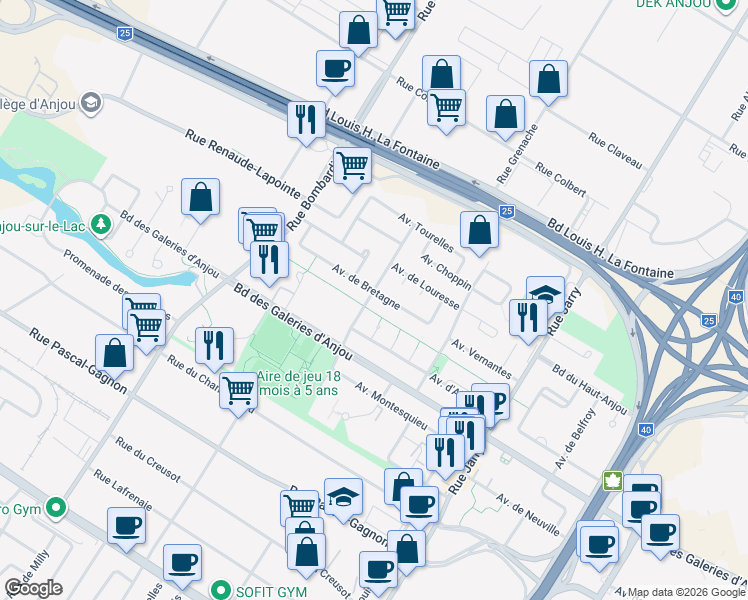 map of restaurants, bars, coffee shops, grocery stores, and more near 9180 Avenue de Bretagne in Montréal