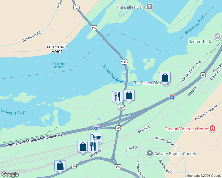 map of restaurants, bars, coffee shops, grocery stores, and more near 441 Lone Pine Boulevard in The Dalles