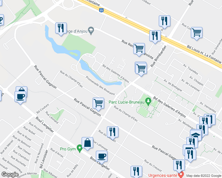 map of restaurants, bars, coffee shops, grocery stores, and more near 10031 Promenade des Riverains in Montreal