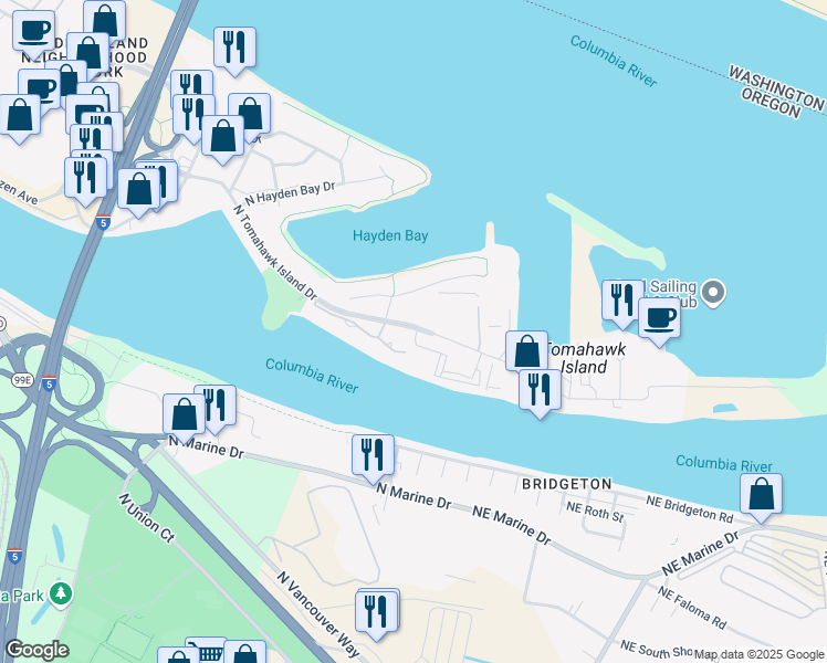 map of restaurants, bars, coffee shops, grocery stores, and more near 370 North Tomahawk Island Drive in Portland