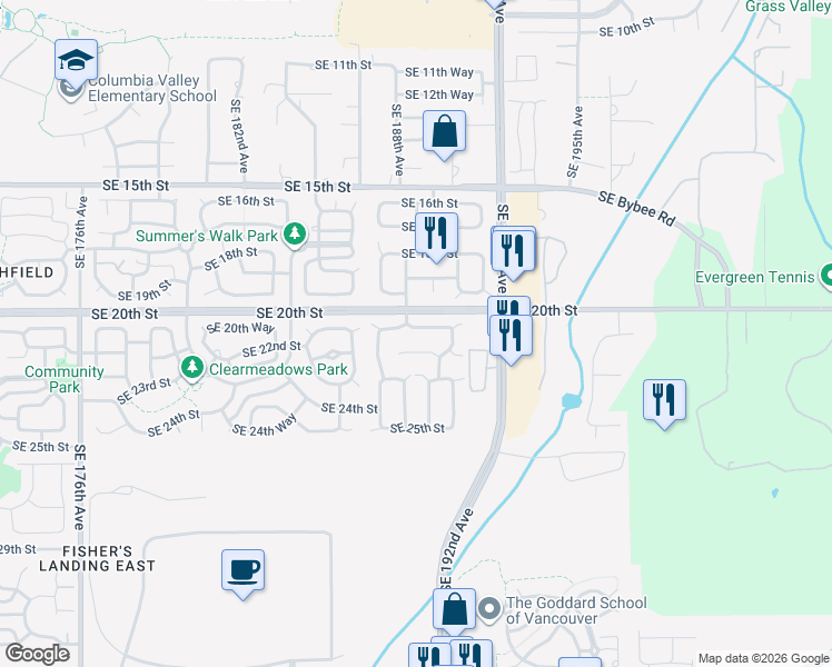 map of restaurants, bars, coffee shops, grocery stores, and more near 18801 Southeast 21st Street in Vancouver