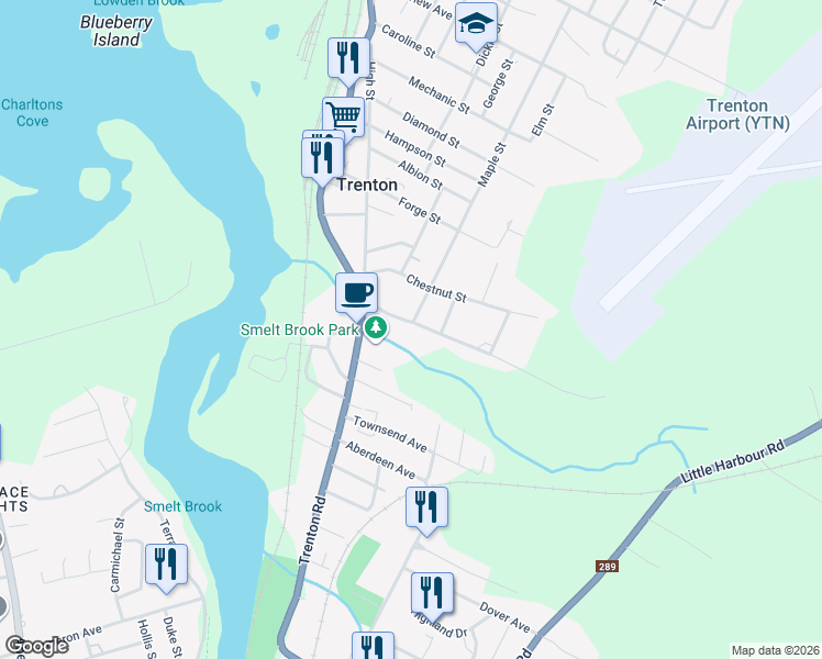 map of restaurants, bars, coffee shops, grocery stores, and more near 30 Oak Street in New Glasgow