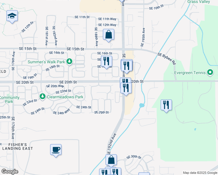 map of restaurants, bars, coffee shops, grocery stores, and more near 18905 Southeast 21st Street in Vancouver