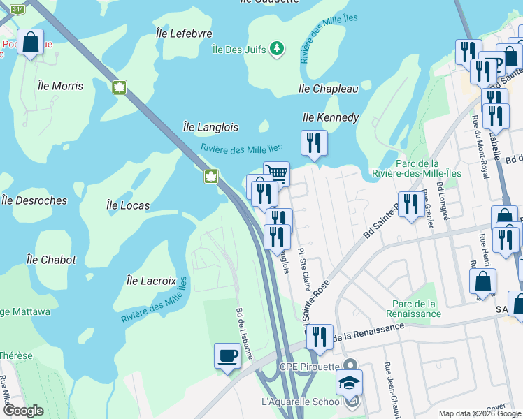 map of restaurants, bars, coffee shops, grocery stores, and more near 53 Rue de la Pointe-Langlois in Laval
