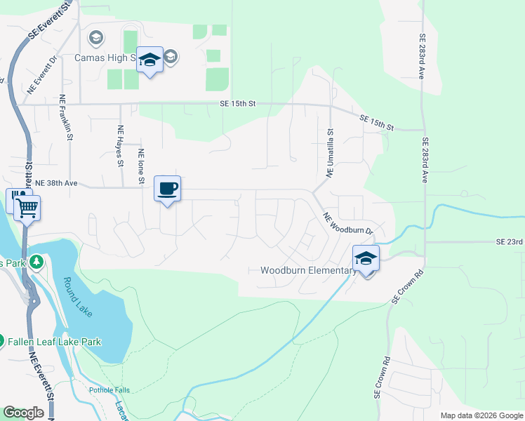 map of restaurants, bars, coffee shops, grocery stores, and more near 1709 Northeast Pioneer Lane in Camas