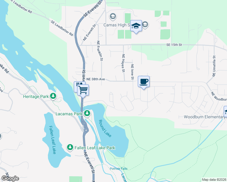 map of restaurants, bars, coffee shops, grocery stores, and more near 3622 Northeast Franklin Street in Camas