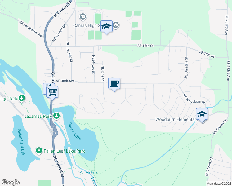 map of restaurants, bars, coffee shops, grocery stores, and more near 3620 Northeast Kingbird Street in Camas