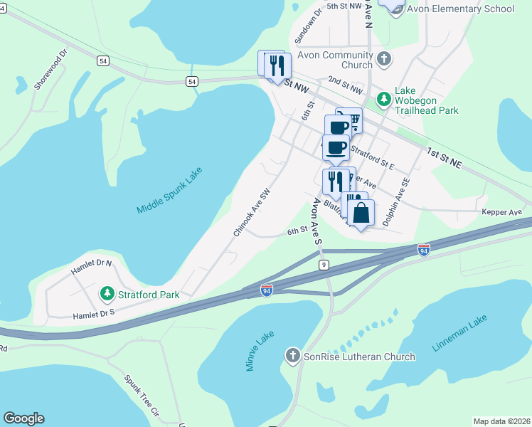 map of restaurants, bars, coffee shops, grocery stores, and more near 410 Chinook Avenue Southwest in Avon