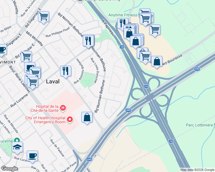 map of restaurants, bars, coffee shops, grocery stores, and more near 443 :Rue Antoine-Forestier in Laval