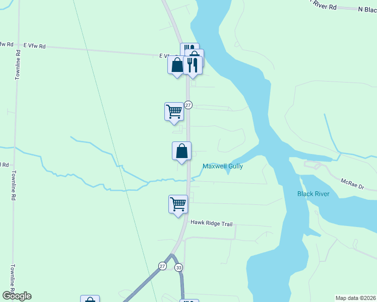 map of restaurants, bars, coffee shops, grocery stores, and more near 1001 Old Orchard Lane in Cheboygan
