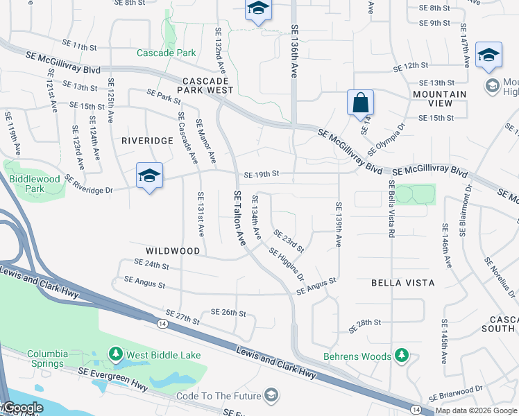 map of restaurants, bars, coffee shops, grocery stores, and more near 2015 Southeast 134th Avenue in Vancouver