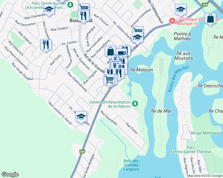 map of restaurants, bars, coffee shops, grocery stores, and more near 394 Québec 344 in Boisbriand