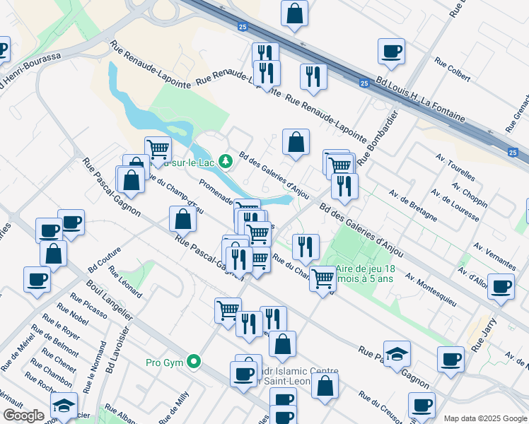 map of restaurants, bars, coffee shops, grocery stores, and more near 10051 Promenade des Riverains in Montreal
