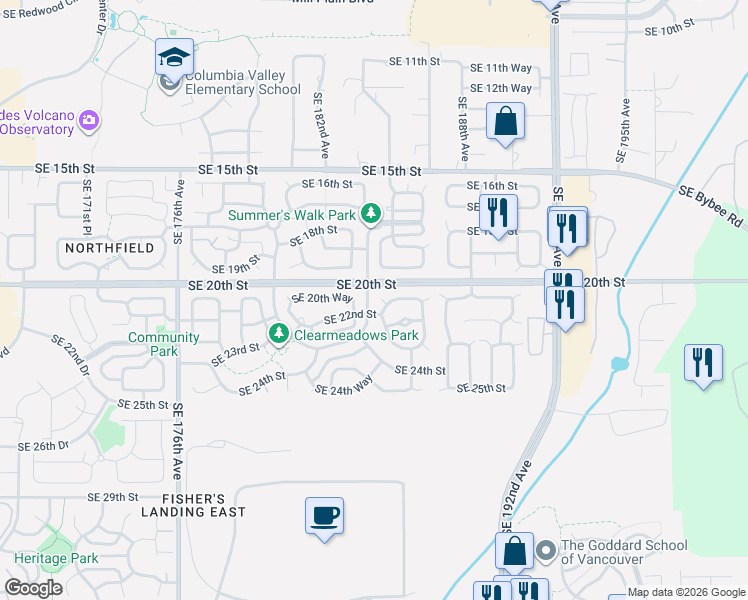 map of restaurants, bars, coffee shops, grocery stores, and more near 18400 Southeast 22nd Street in Vancouver
