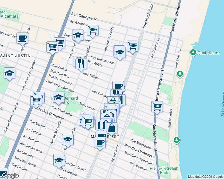 map of restaurants, bars, coffee shops, grocery stores, and more near 2611 Rue Paul-Pau in Montréal