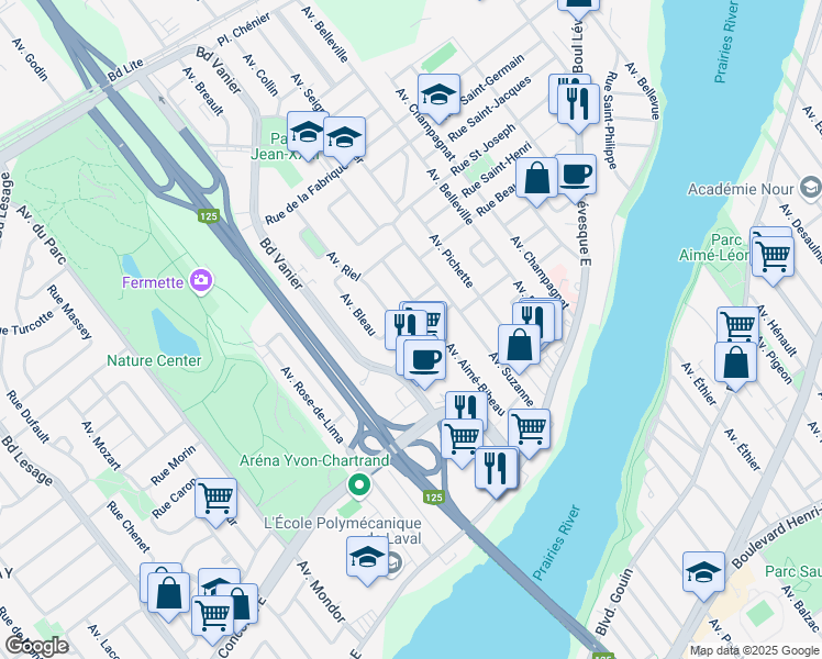 map of restaurants, bars, coffee shops, grocery stores, and more near 959 Avenue Riel in Laval