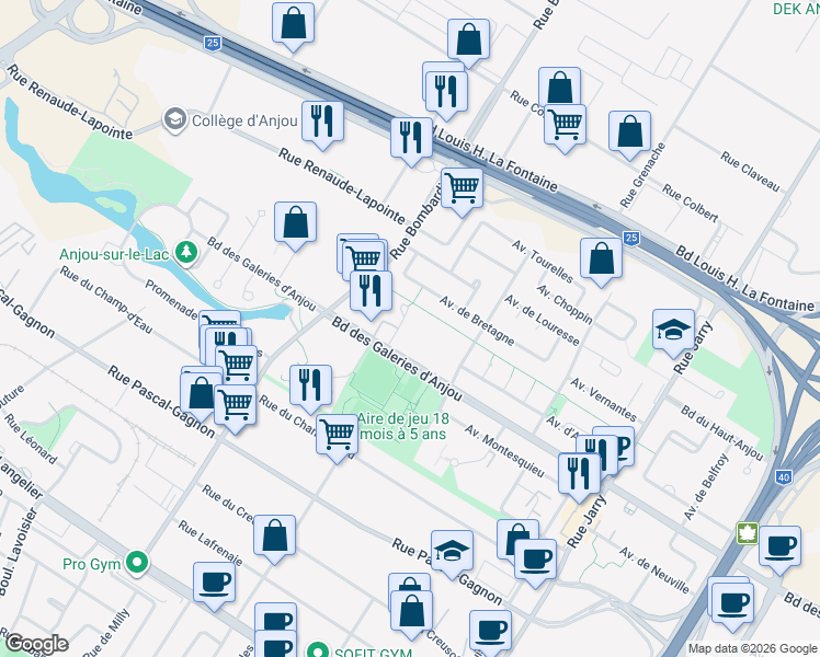 map of restaurants, bars, coffee shops, grocery stores, and more near 7200 Avenue M.-B.-Jodoin in Montréal