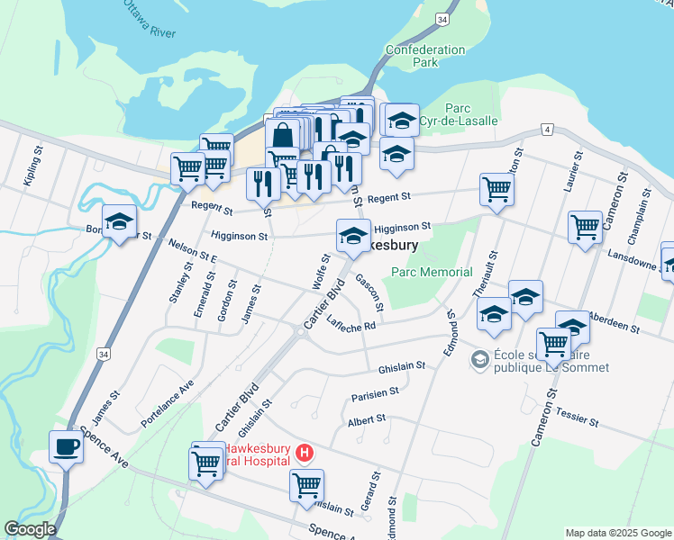 map of restaurants, bars, coffee shops, grocery stores, and more near 484 Cartier Boulevard in Hawkesbury
