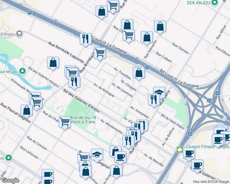map of restaurants, bars, coffee shops, grocery stores, and more near 9024 Place de Louresse Nord in Montréal