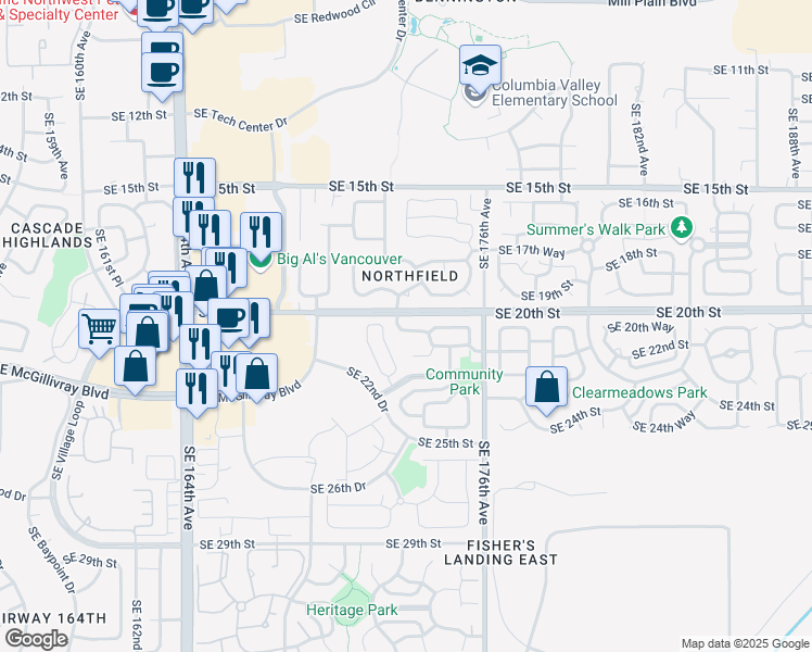 map of restaurants, bars, coffee shops, grocery stores, and more near 17202 Southeast 21st Street in Vancouver