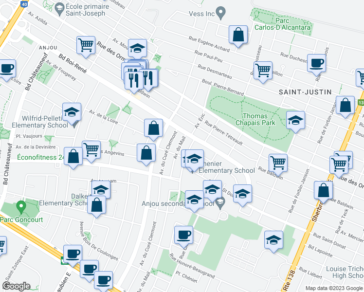 map of restaurants, bars, coffee shops, grocery stores, and more near 8402 Avenue du Mail in Montréal