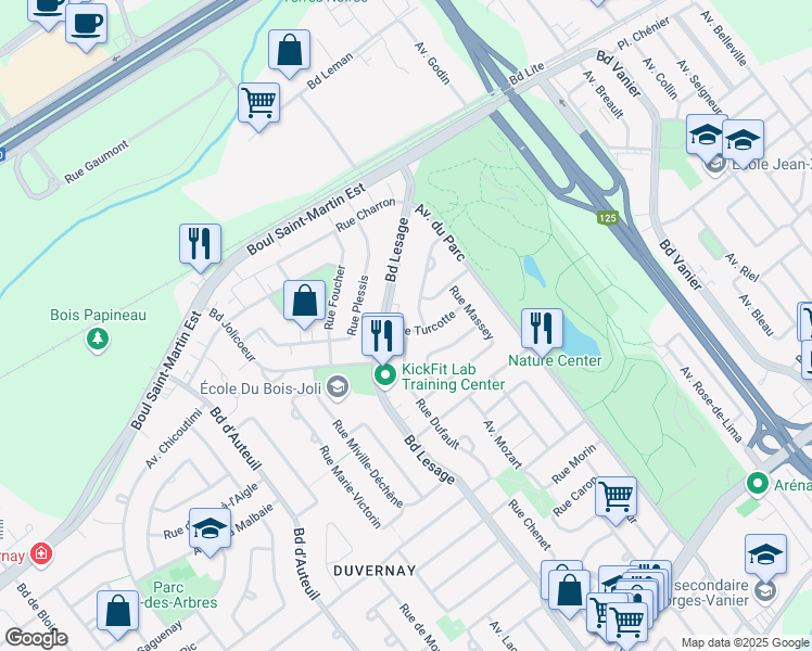 map of restaurants, bars, coffee shops, grocery stores, and more near 3829 Rue Turcotte in Laval