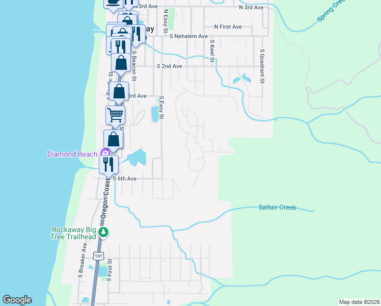 map of restaurants, bars, coffee shops, grocery stores, and more near 545 Hillside Drive in Rockaway Beach