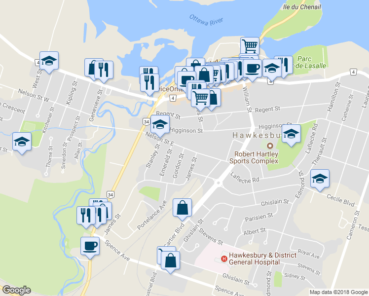 map of restaurants, bars, coffee shops, grocery stores, and more near Nelson Street East in Hawkesbury
