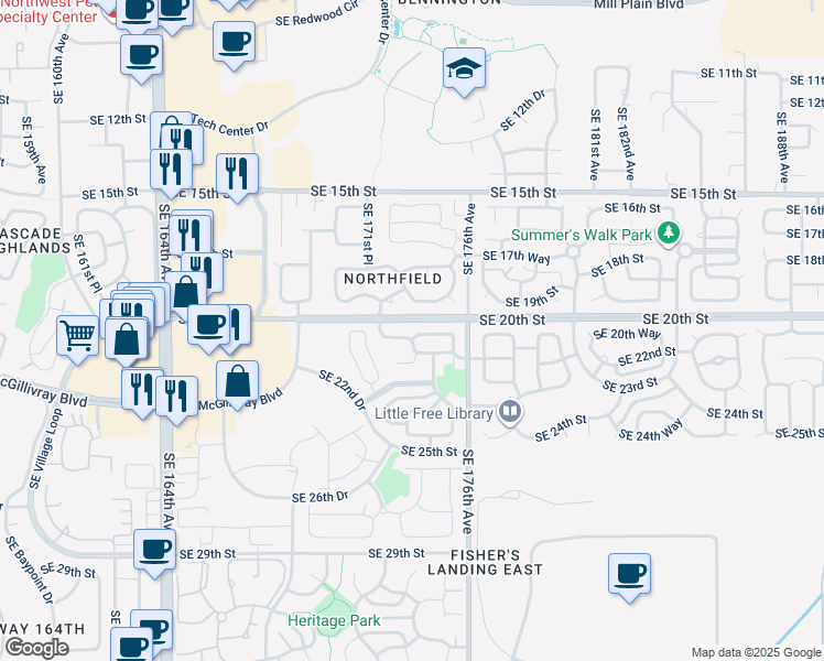 map of restaurants, bars, coffee shops, grocery stores, and more near 17217 Southeast 21st Street in Vancouver