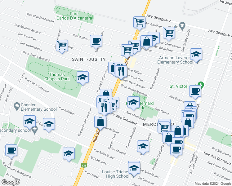 map of restaurants, bars, coffee shops, grocery stores, and more near 8888 Rue Sherbrooke Est in Montréal