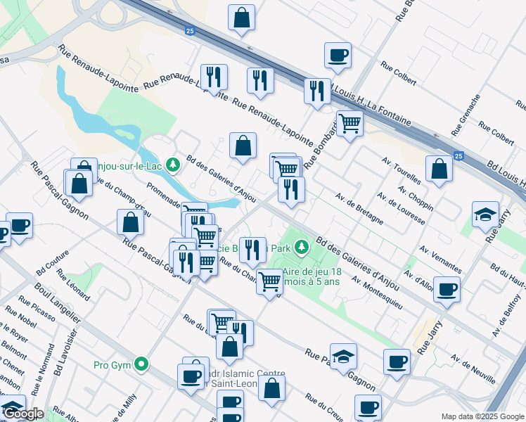 map of restaurants, bars, coffee shops, grocery stores, and more near 7100 Rue Bombardier in Montréal