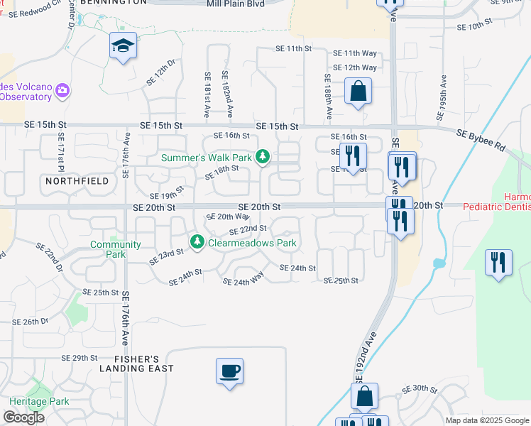 map of restaurants, bars, coffee shops, grocery stores, and more near 18400 Southeast 22nd Street in Vancouver