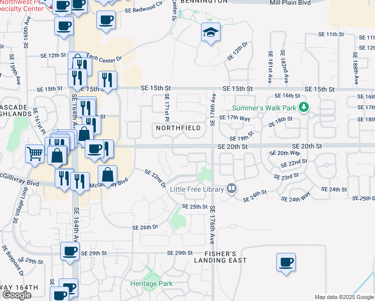 map of restaurants, bars, coffee shops, grocery stores, and more near 17217 Southeast 21st Street in Vancouver