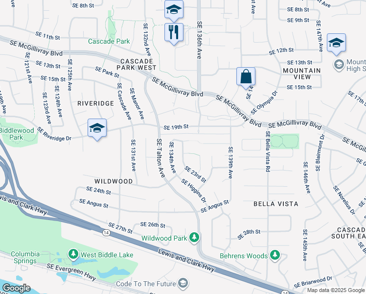 map of restaurants, bars, coffee shops, grocery stores, and more near 13501 Southeast 21st Circle in Vancouver