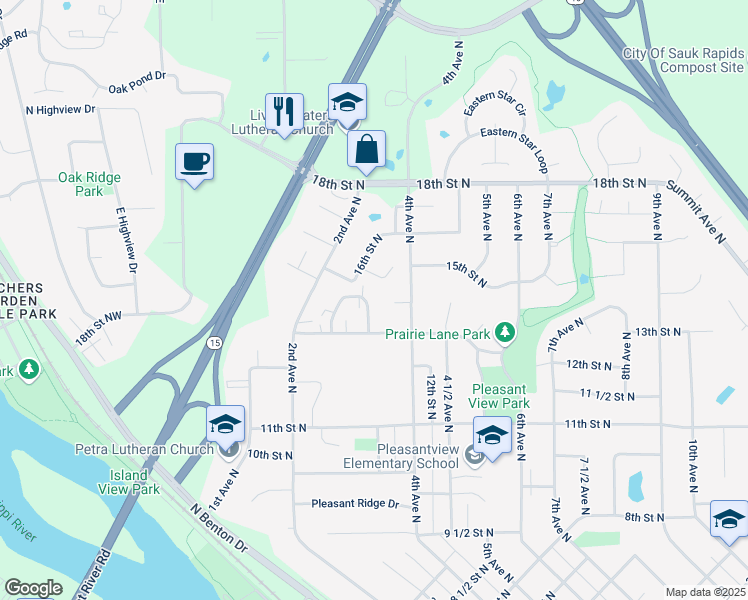 map of restaurants, bars, coffee shops, grocery stores, and more near 364 Killinger Circle in Sauk Rapids