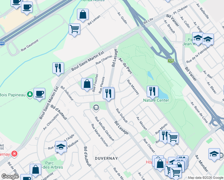 map of restaurants, bars, coffee shops, grocery stores, and more near 3811 Rue Turcotte in Laval
