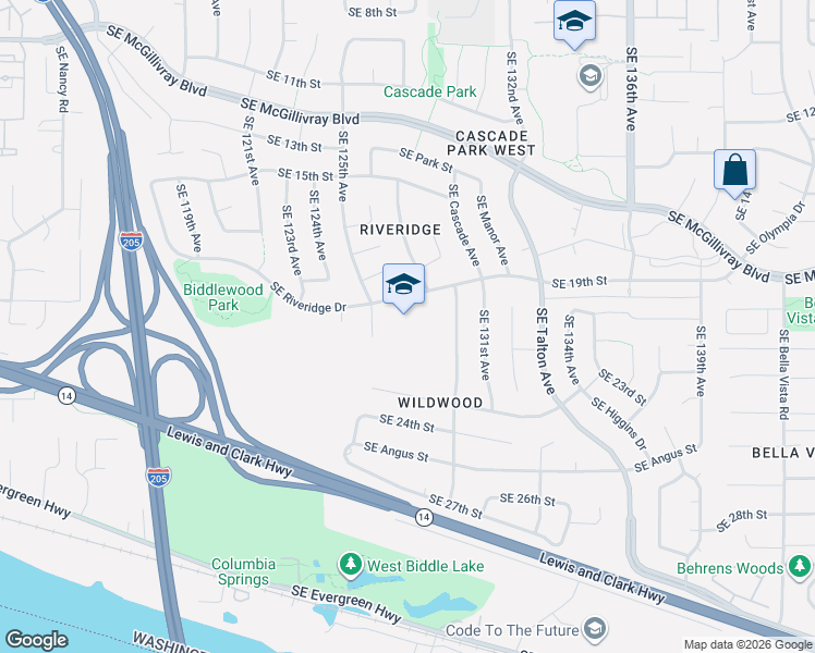 map of restaurants, bars, coffee shops, grocery stores, and more near 12601 Southeast Riverridge Drive in Vancouver