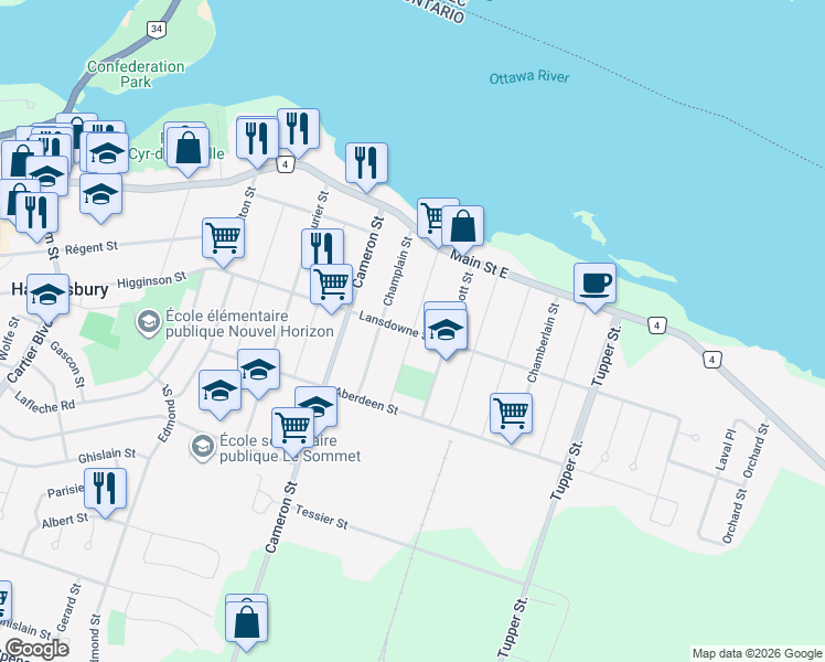 map of restaurants, bars, coffee shops, grocery stores, and more near Mary Street in Hawkesbury
