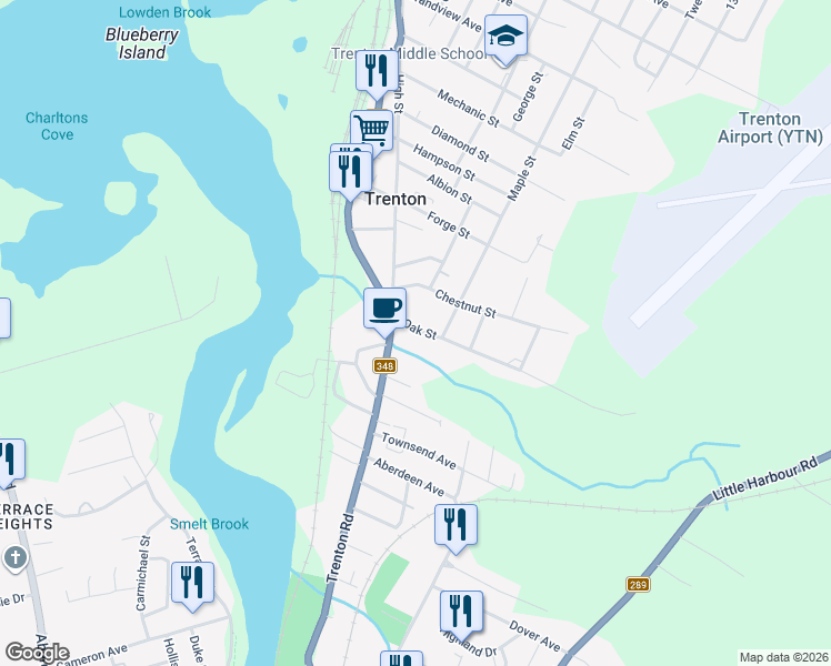 map of restaurants, bars, coffee shops, grocery stores, and more near 18 Oak Street in New Glasgow
