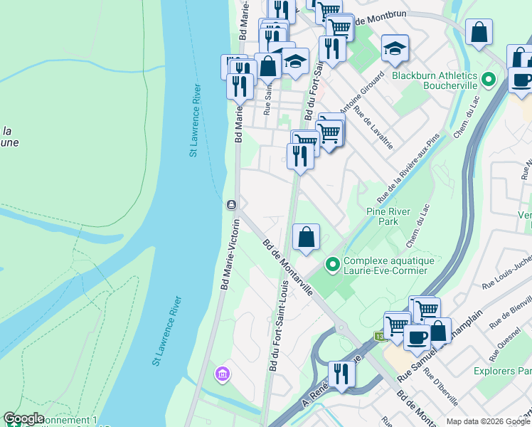 map of restaurants, bars, coffee shops, grocery stores, and more near 28 Allée des Pionniers in Boucherville