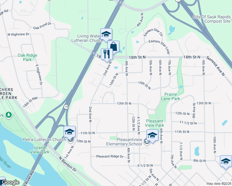 map of restaurants, bars, coffee shops, grocery stores, and more near 364 Killinger Circle in Sauk Rapids