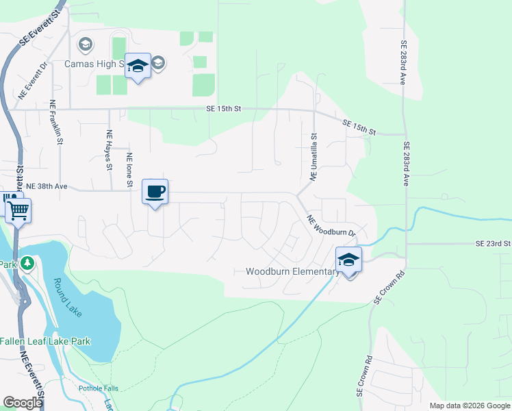map of restaurants, bars, coffee shops, grocery stores, and more near 1709 Northeast Pioneer Lane in Camas