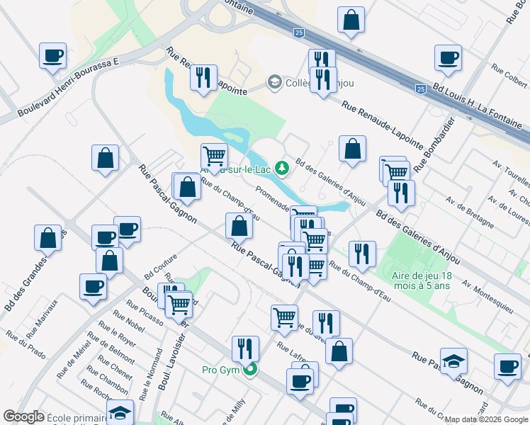 map of restaurants, bars, coffee shops, grocery stores, and more near 6950 Boulevard Couture in Montréal