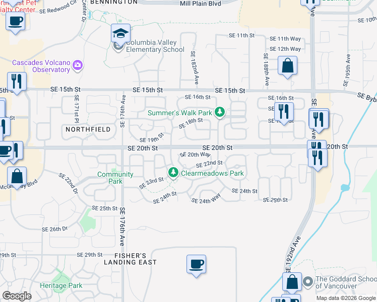 map of restaurants, bars, coffee shops, grocery stores, and more near 18106 Southeast 20th Way in Vancouver